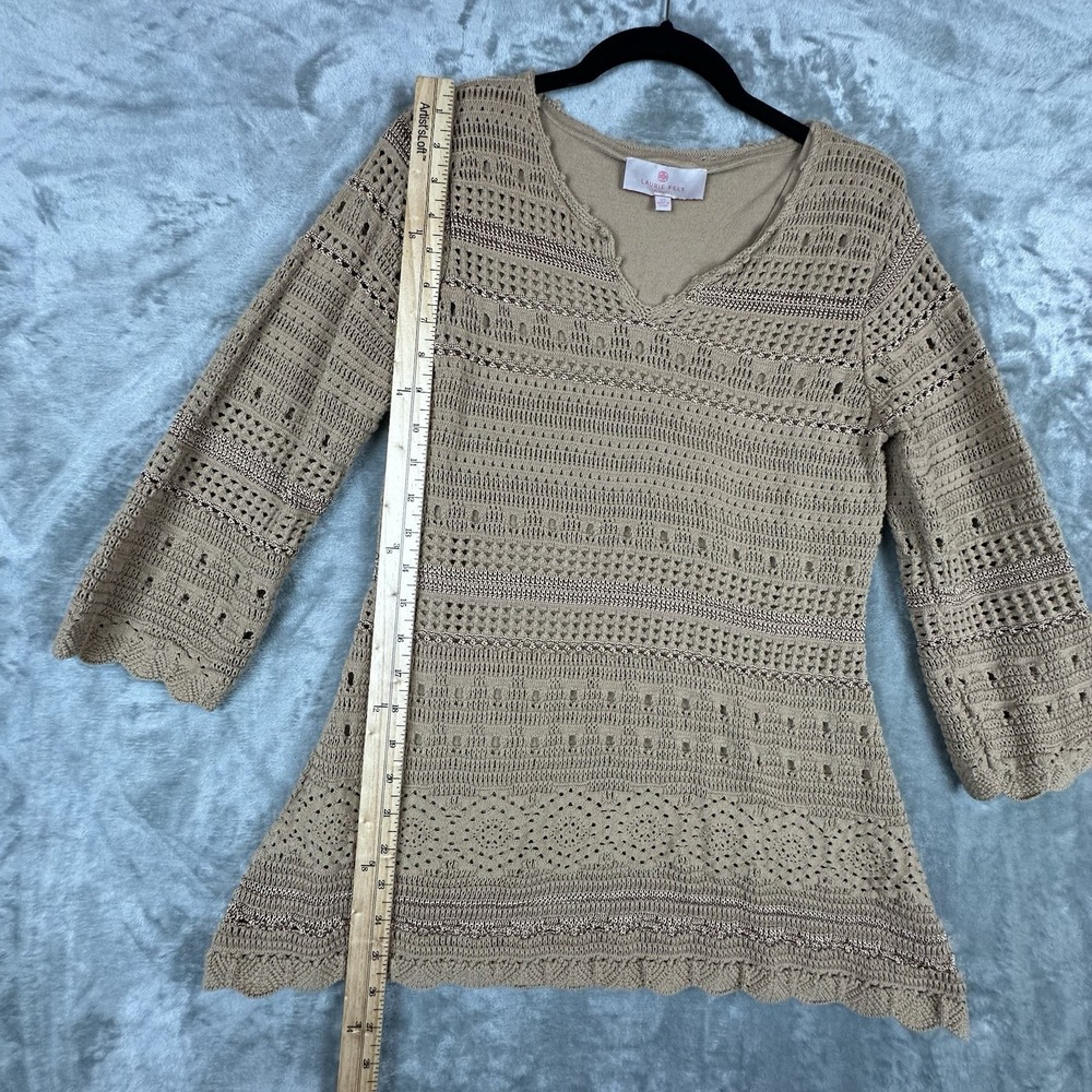 Laurie Felt Tunic Top Women's XS Camel Tan Brown Crochet Open Knit Lined - Picture 4 of 7